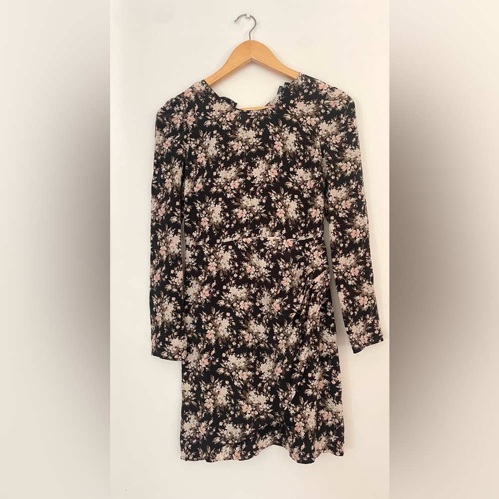 Club Monaco Silk Black Floral Amelda Faux Wrap Skirt Long Sleeve Mini Dress - Picture 10 of 10